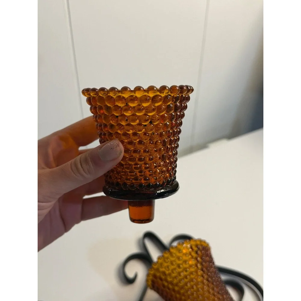 VTG Homco Wall Sconce Candle Holders Amber Hobnail Ribbed Glass‎ Black Metal X 3